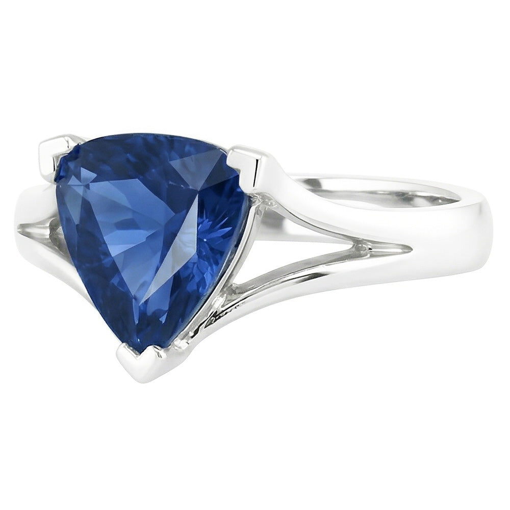 Natural Real ( Not Lab Grown )  Solitaire Gold Ring Trillion Ceylon Sapphire V Split Shank 1.50 Carats