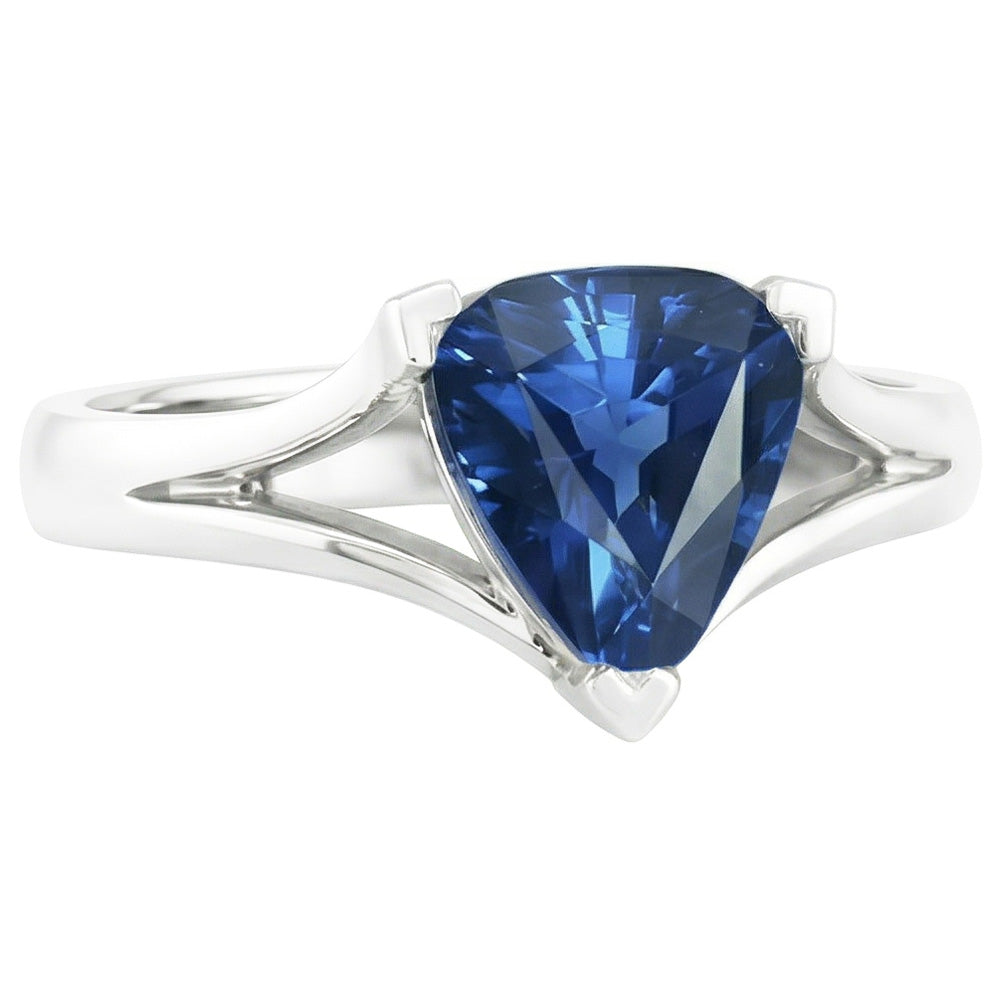 Natural Real ( Not Lab Grown )  Solitaire Gold Ring Trillion Ceylon Sapphire V Split Shank 1.50 Carats