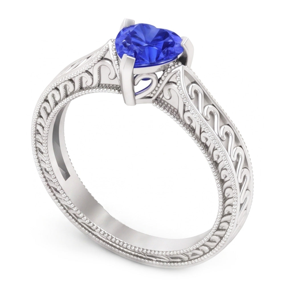Natural Real ( Not Lab Grown )  Solitaire Heart Light Blue Sapphire Ring 1 Carat Filigree Shank Gold