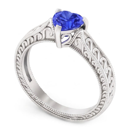 Natural Real ( Not Lab Grown )  Solitaire Heart Light Blue Sapphire Ring 1 Carat Filigree Shank Gold