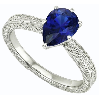 Natural Real ( Not Lab Grown )  Solitaire Pear Antique Style Blue Sapphire Ring 1.50 Carats White Gold