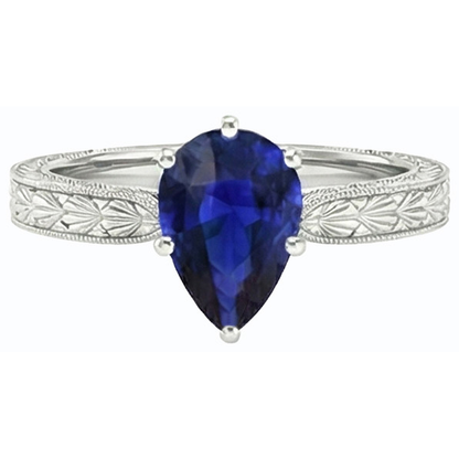 Natural Real ( Not Lab Grown )  Solitaire Pear Antique Style Blue Sapphire Ring 1.50 Carats White Gold