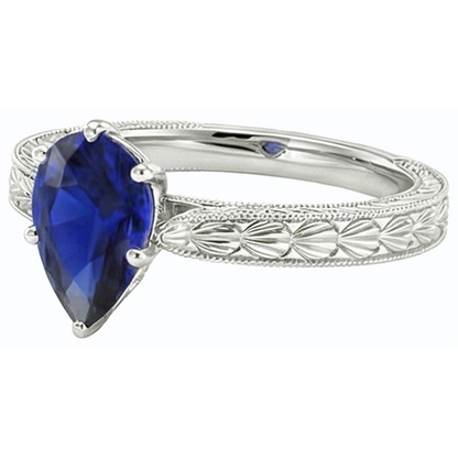 Natural Real ( Not Lab Grown )  Solitaire Pear Antique Style Blue Sapphire Ring 1.50 Carats White Gold