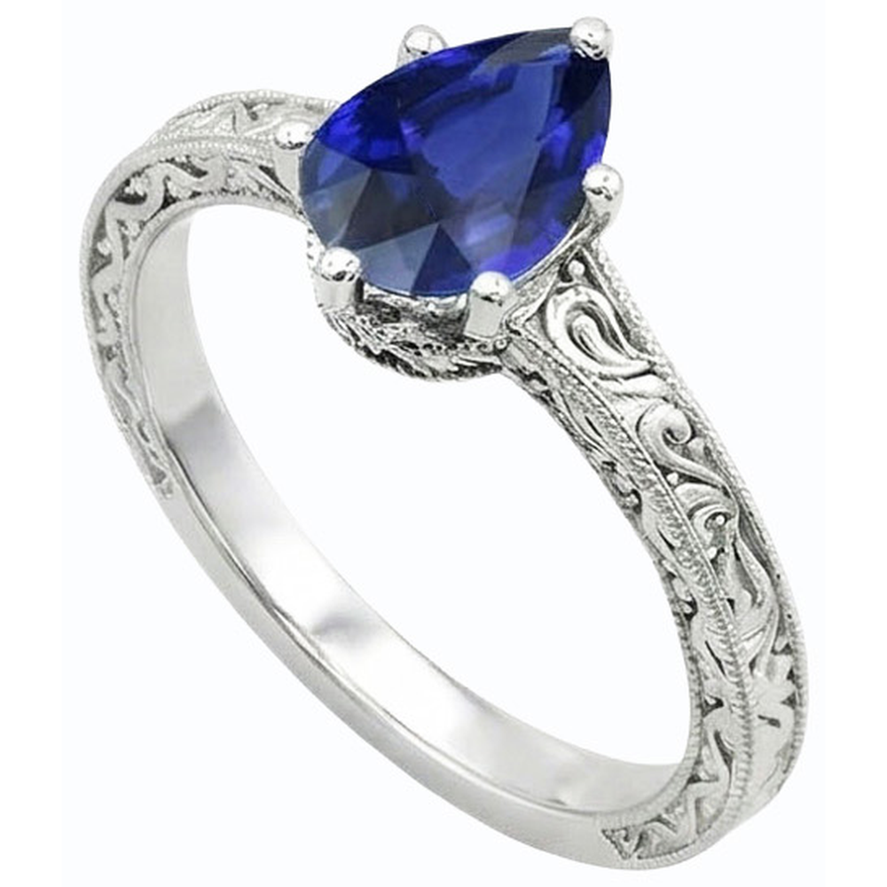 Natural Real ( Not Lab Grown )  Solitaire Pear Blue Sapphire Ring Antique Style 2 Carats Gold