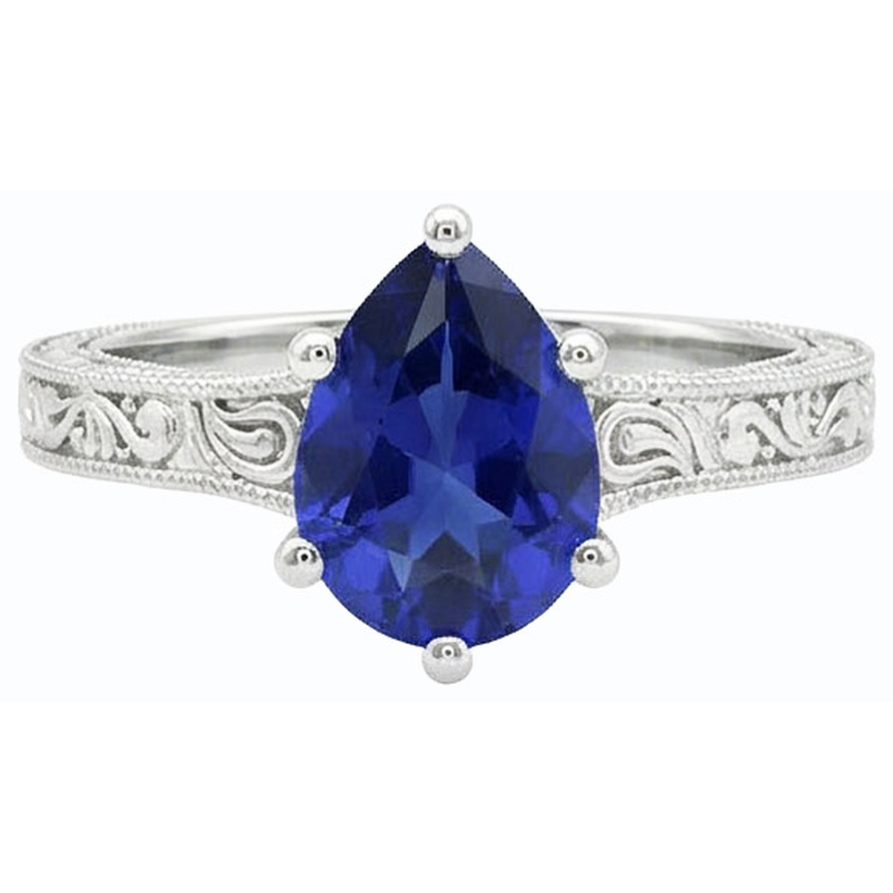 Natural Real ( Not Lab Grown )  Solitaire Pear Blue Sapphire Ring Antique Style 2 Carats Gold