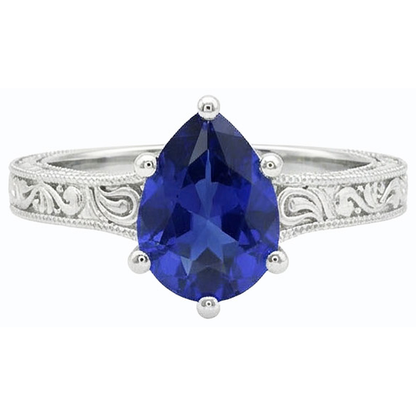 Natural Real ( Not Lab Grown )  Solitaire Pear Blue Sapphire Ring Antique Style 2 Carats Gold