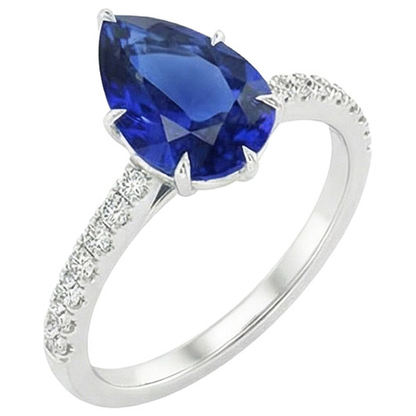 Natural Real ( Not Lab Grown )  Solitaire Pear Blue Sapphire Ring With Accents Pave Setting 5 Carats