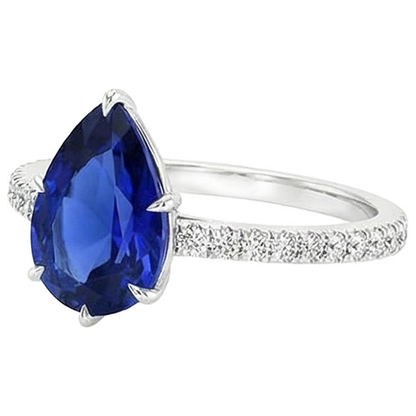 Natural Real ( Not Lab Grown )  Solitaire Pear Blue Sapphire Ring With Accents Pave Setting 5 Carats