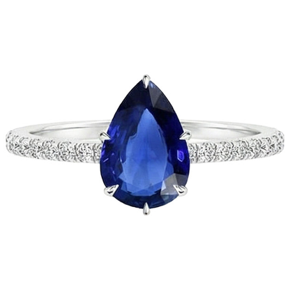 Natural Real ( Not Lab Grown )  Solitaire Pear Blue Sapphire Ring With Accents Pave Setting 5 Carats