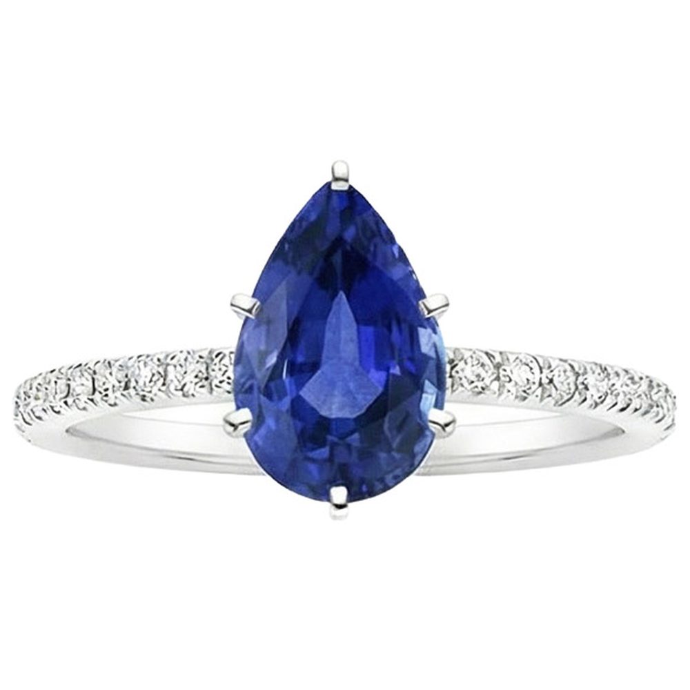 Natural Real ( Not Lab Grown )  Solitaire Pear Ceylon Sapphire Ring With Accents Pave Set 3.75 Carats
