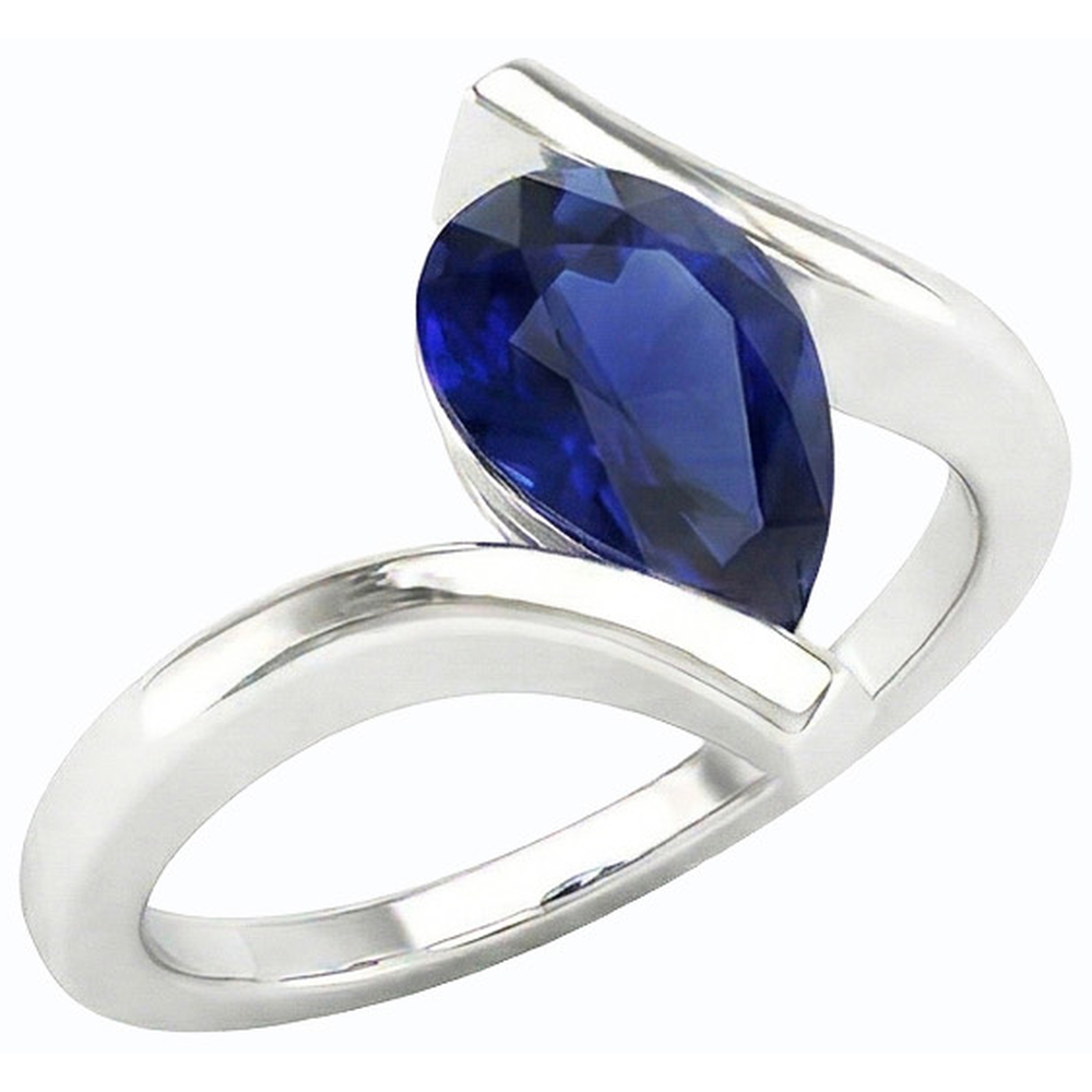 Natural Real ( Not Lab Grown )  Solitaire Pear Deep Blue Sapphire Ring 14K Gold Tension Style 2 Carats