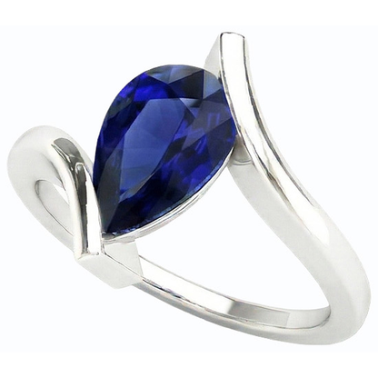 Natural Real ( Not Lab Grown )  Solitaire Pear Deep Blue Sapphire Ring 14K Gold Tension Style 2 Carats