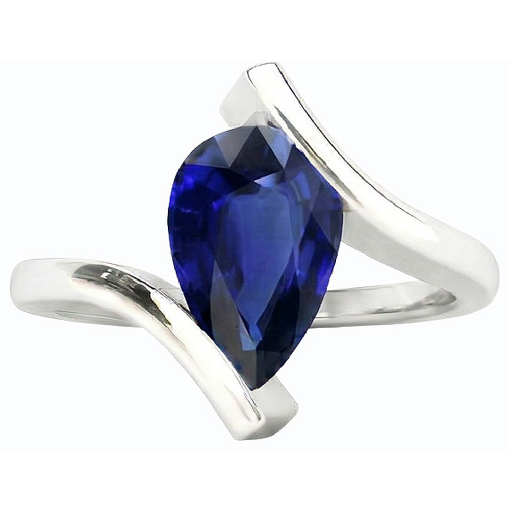 Natural Real ( Not Lab Grown )  Solitaire Pear Deep Blue Sapphire Ring 14K Gold Tension Style 2 Carats