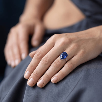 Natural Real ( Not Lab Grown )  Solitaire Pear Deep Blue Sapphire Ring Jewelry 3 Carats