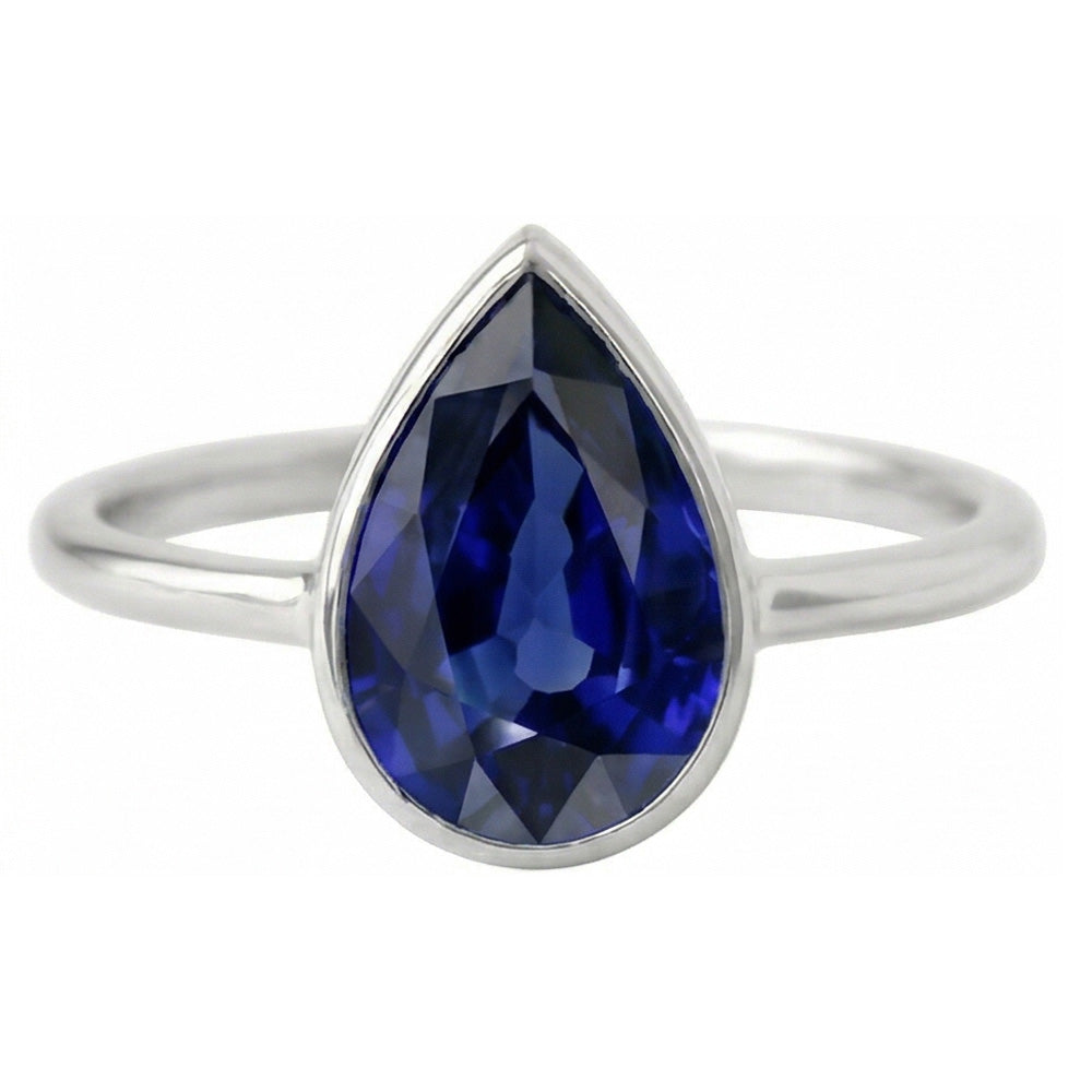 Natural Real ( Not Lab Grown )  Solitaire Pear Gemstone Ring 1.50 Ct Bezel Set Blue Sapphire