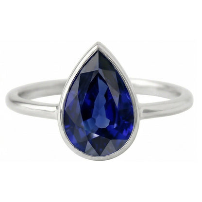 Natural Real ( Not Lab Grown )  Solitaire Pear Gemstone Ring 1.50 Ct Bezel Set Blue Sapphire