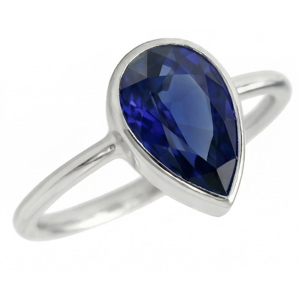 Natural Real ( Not Lab Grown )  Solitaire Pear Gemstone Ring 1.50 Ct Bezel Set Blue Sapphire