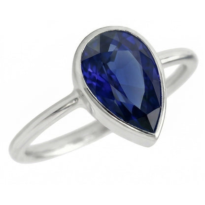 Natural Real ( Not Lab Grown )  Solitaire Pear Gemstone Ring 1.50 Ct Bezel Set Blue Sapphire