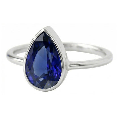 Natural Real ( Not Lab Grown )  Solitaire Pear Gemstone Ring 1.50 Ct Bezel Set Blue Sapphire