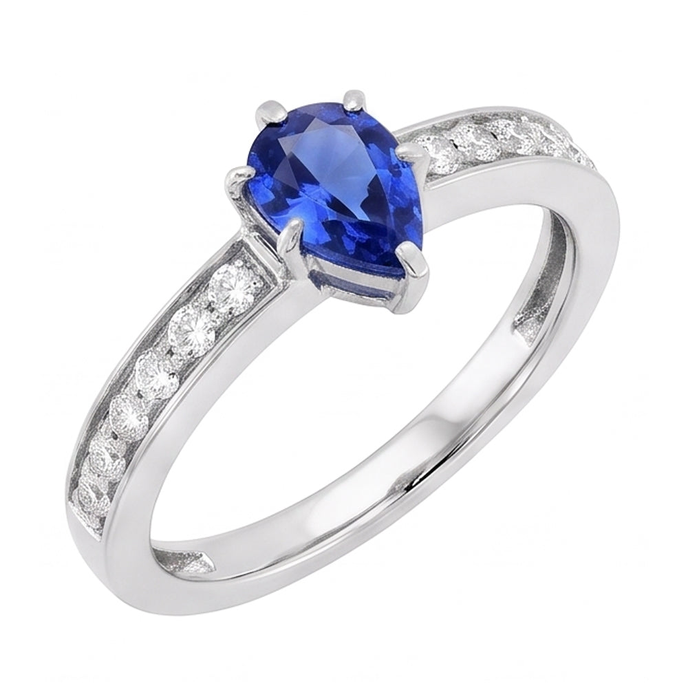 Natural Real ( Not Lab Grown )  Solitaire Pear Shaped Ceylon Sapphire Ring With Accents 2.50 Carats