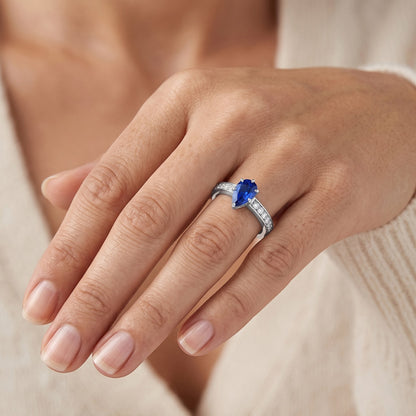 Natural Real ( Not Lab Grown )  Solitaire Pear Shaped Ceylon Sapphire Ring With Accents 2.50 Carats