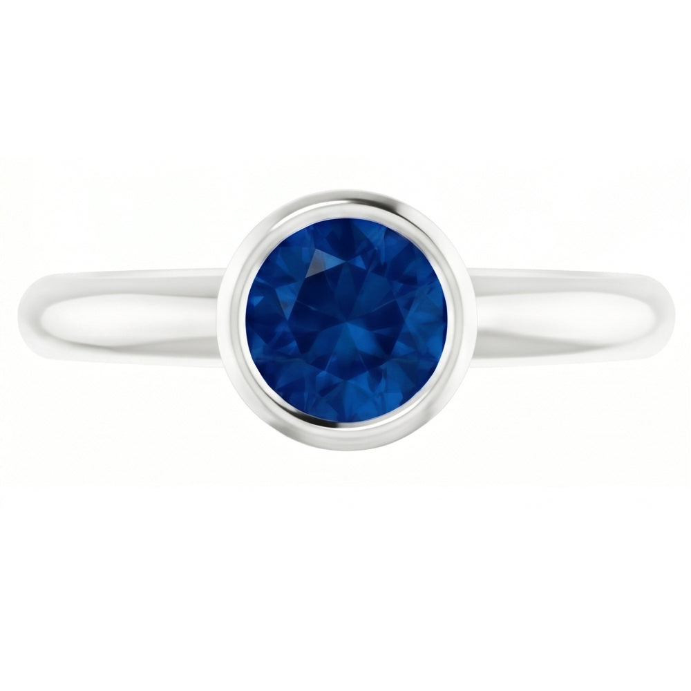 Natural Real ( Not Lab Grown )  Solitaire Ring Blue Sapphire 0.75 Carats Bezel Setting White Gold 14K