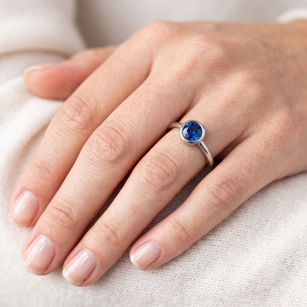 Natural Real ( Not Lab Grown )  Solitaire Ring Blue Sapphire 0.75 Carats Bezel Setting White Gold 14K