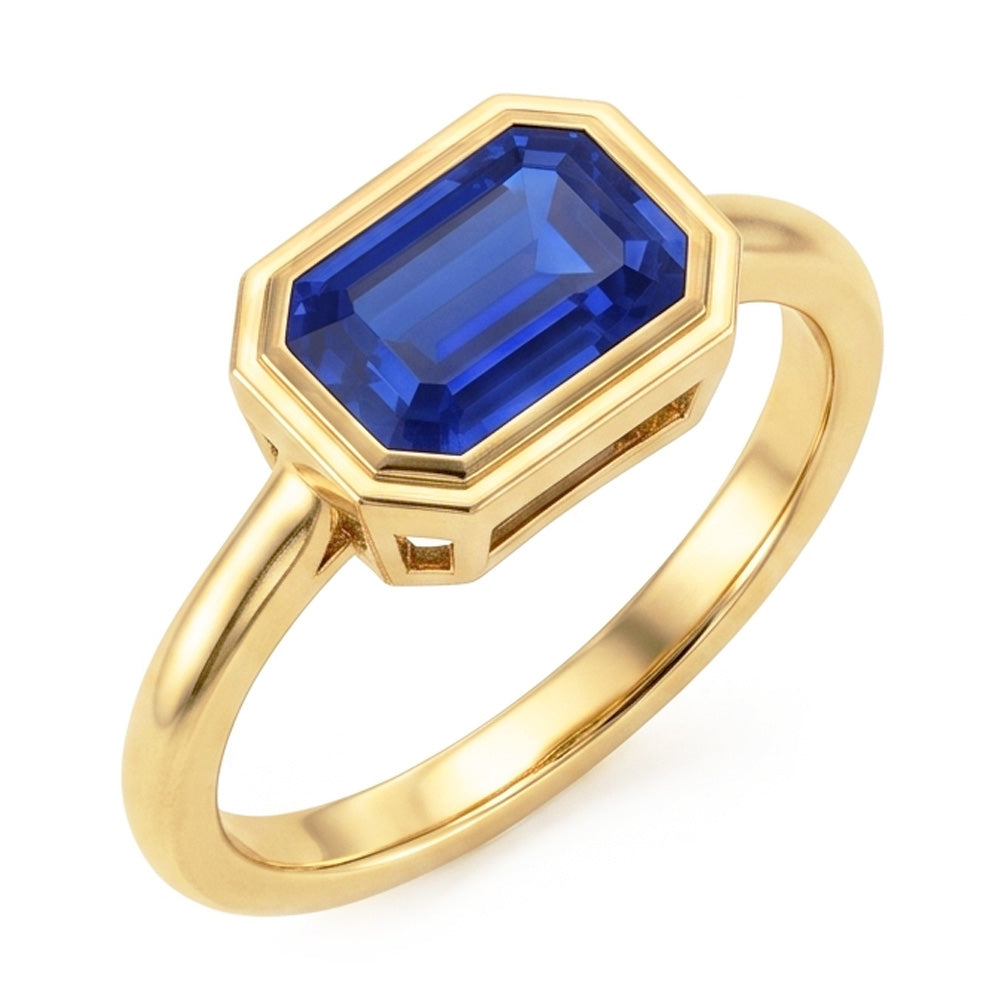 Natural Real ( Not Lab Grown )  Solitaire Ring Emerald Blue Sapphire Bezel Set 1.50 Carats Gold 14K