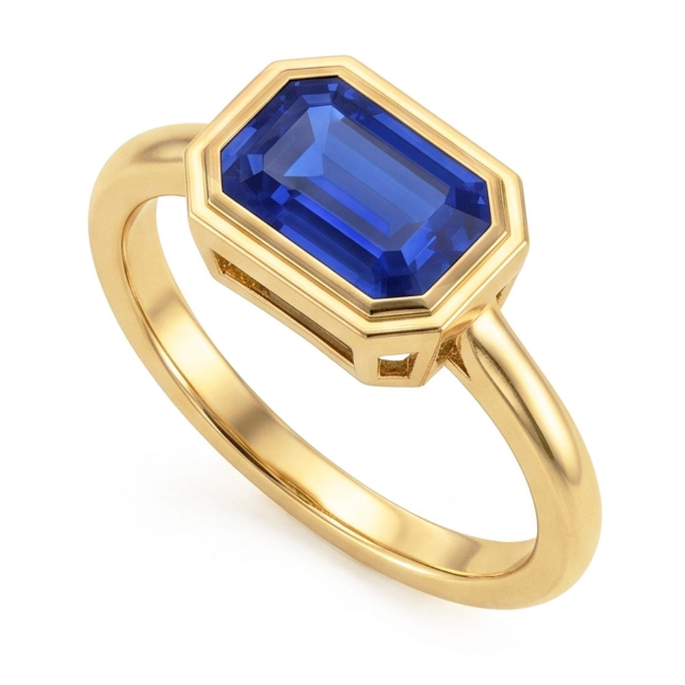 Natural Real ( Not Lab Grown )  Solitaire Ring Emerald Blue Sapphire Bezel Set 1.50 Carats Gold 14K