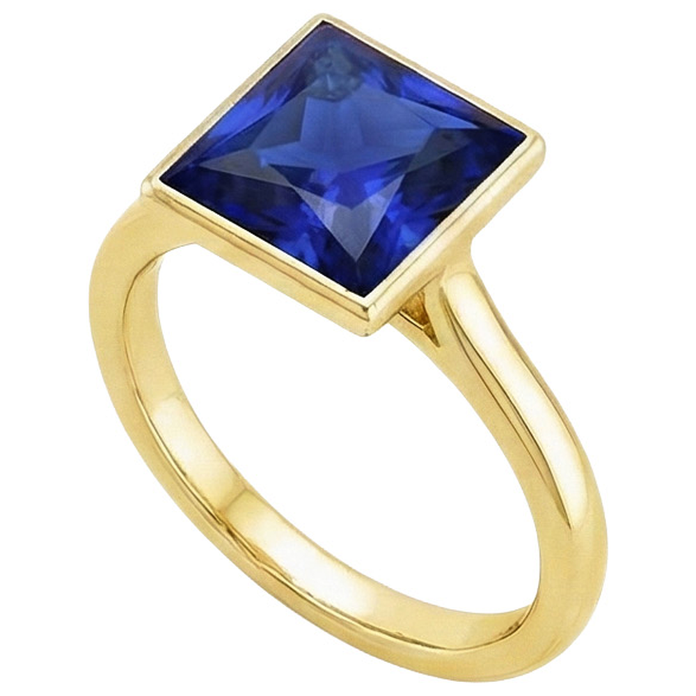 Natural Real ( Not Lab Grown )  Solitaire Ring Princess Bezel Set Blue Sapphire 5 Carats Yellow Gold