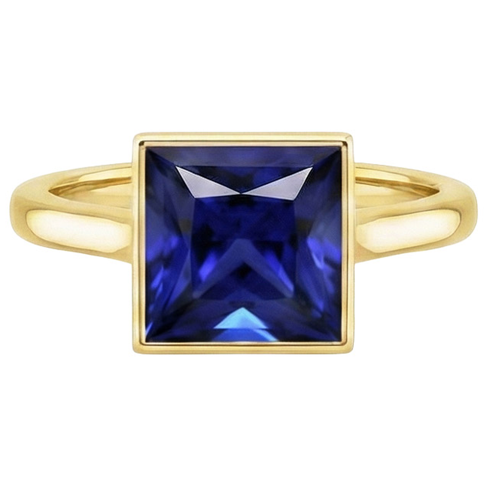 Natural Real ( Not Lab Grown )  Solitaire Ring Princess Bezel Set Blue Sapphire 5 Carats Yellow Gold