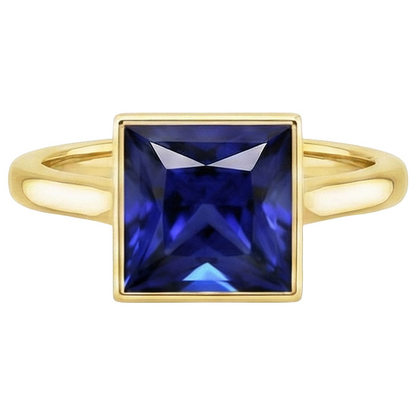 Natural Real ( Not Lab Grown )  Solitaire Ring Princess Bezel Set Blue Sapphire 5 Carats Yellow Gold