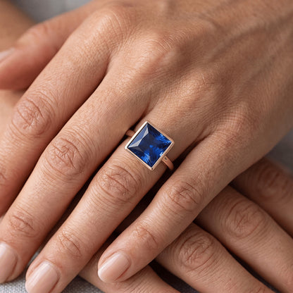 Natural Real ( Not Lab Grown )  Solitaire Ring Princess Bezel Set Blue Sapphire 5 Carats Yellow Gold
