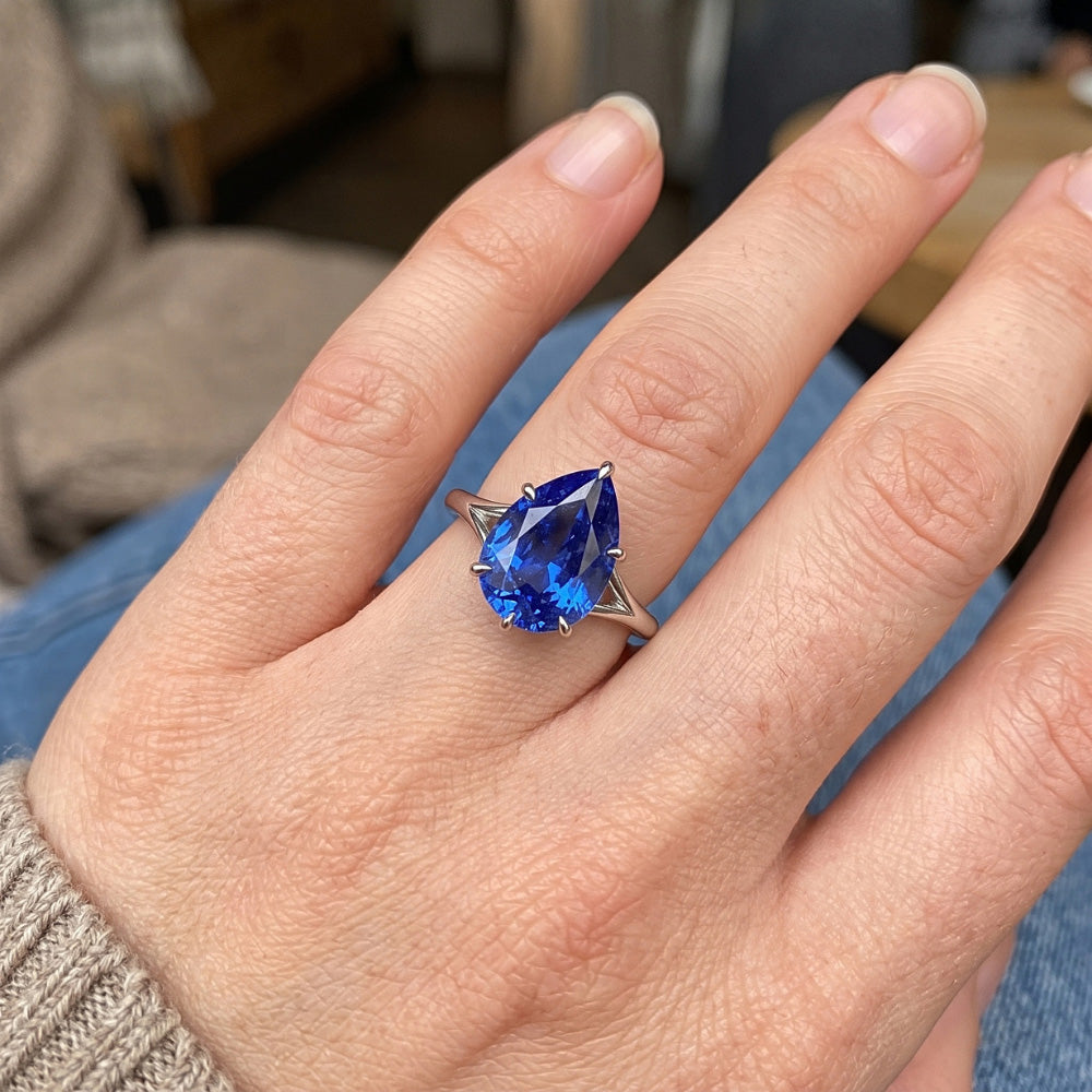Natural Real ( Not Lab Grown )  Solitaire Ring Split Shank Pear Cut Blue Sapphire 2.50 Carats