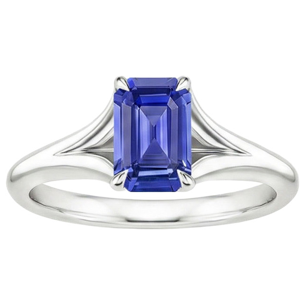 Natural Real ( Not Lab Grown )  Solitaire Ring Sri Lankan Sapphire 3 Carats Emerald Cut White Gold 14K