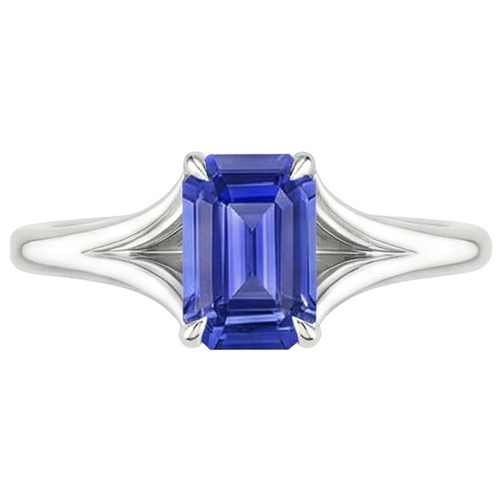 Natural Real ( Not Lab Grown )  Solitaire Ring Sri Lankan Sapphire 3 Carats Emerald Cut White Gold 14K