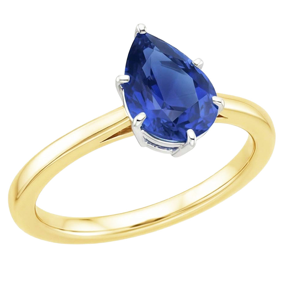 Natural Real ( Not Lab Grown )  Solitaire Ring Two Tone Gold 14K Pear Ceylon Sapphire 2 Carats