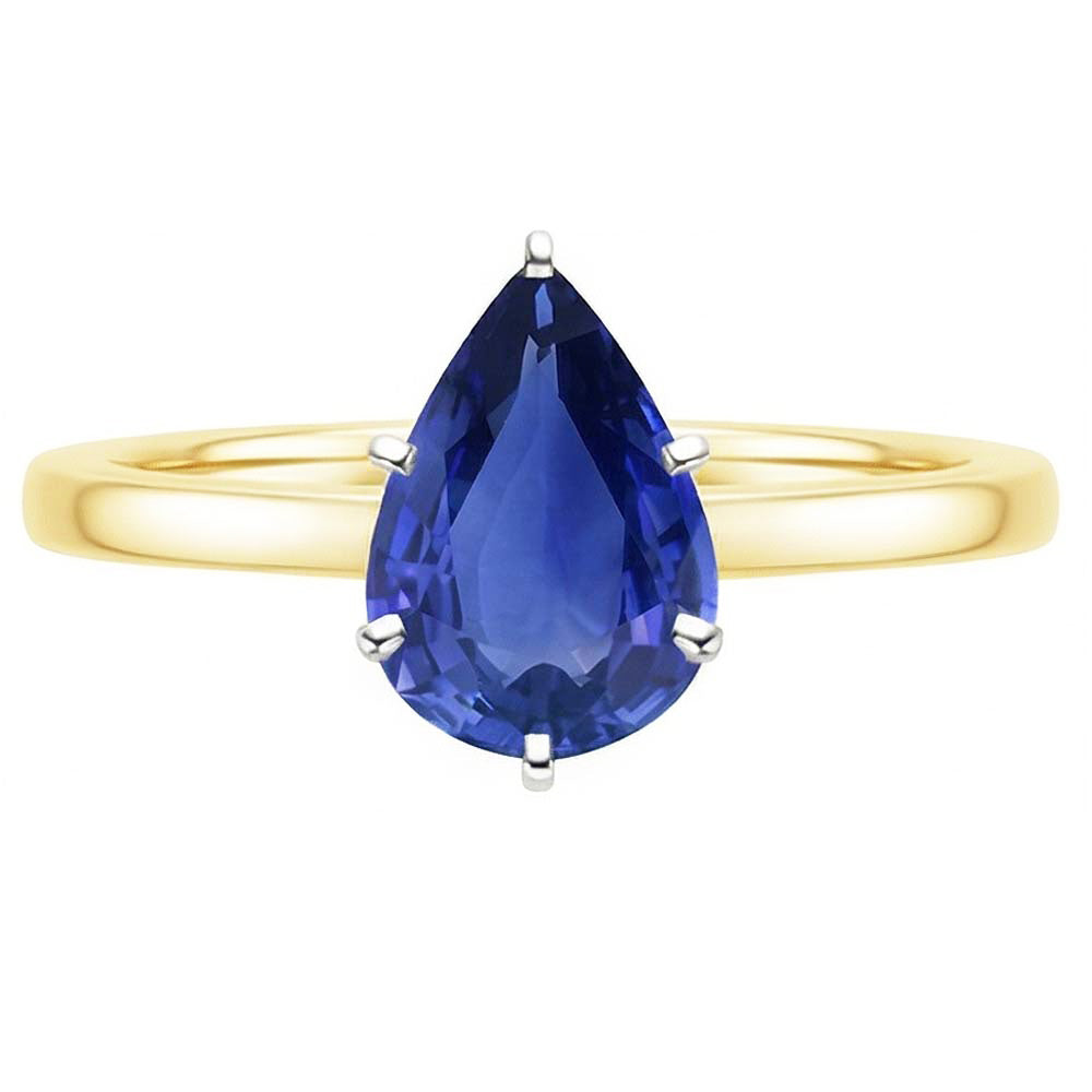 Natural Real ( Not Lab Grown )  Solitaire Ring Two Tone Gold 14K Pear Ceylon Sapphire 2 Carats