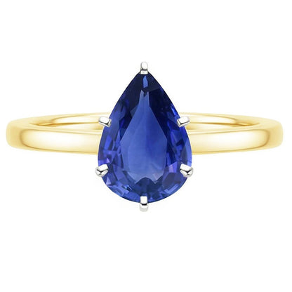 Natural Real ( Not Lab Grown )  Solitaire Ring Two Tone Gold 14K Pear Ceylon Sapphire 2 Carats