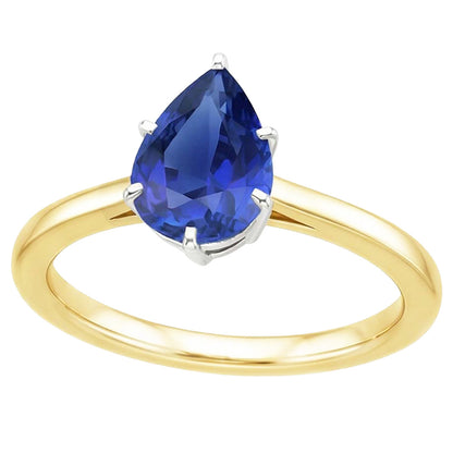 Natural Real ( Not Lab Grown )  Solitaire Ring Two Tone Gold 14K Pear Ceylon Sapphire 2 Carats