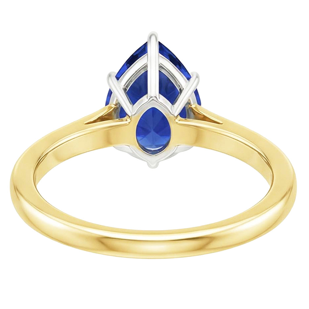 Natural Real ( Not Lab Grown )  Solitaire Ring Two Tone Gold 14K Pear Ceylon Sapphire 2 Carats