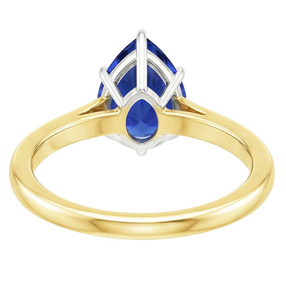 Natural Real ( Not Lab Grown )  Solitaire Ring Two Tone Gold 14K Pear Ceylon Sapphire 2 Carats