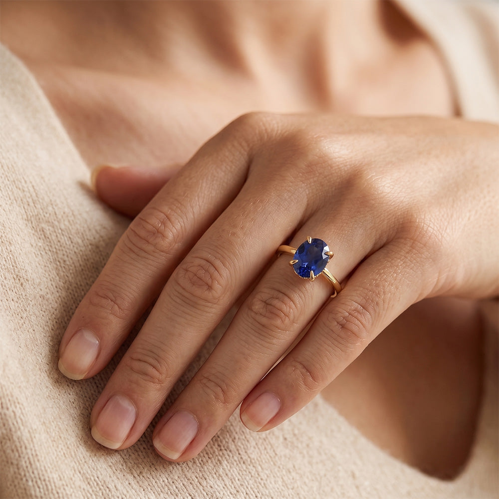 Natural Real ( Not Lab Grown )  Solitaire Ring Yellow Gold Oval Sri Lankan Sapphire 3.50 Carats
