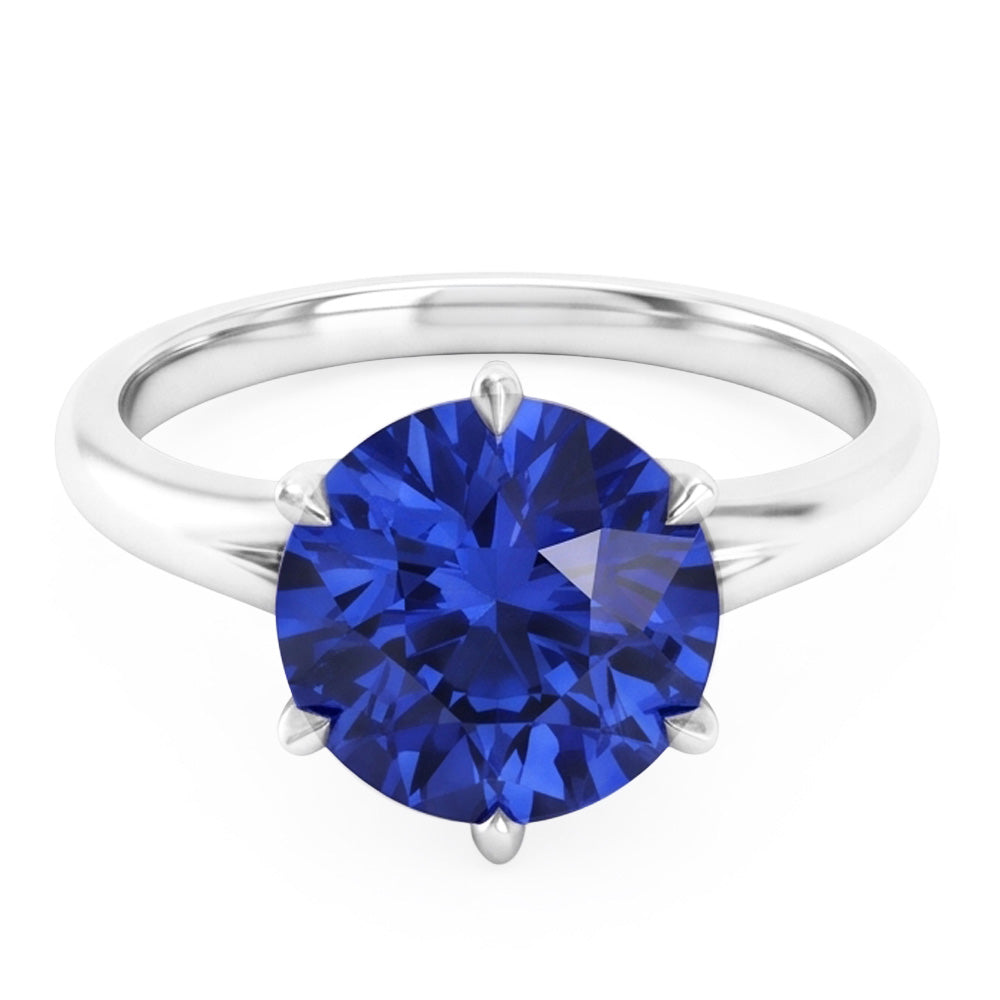 Natural Real ( Not Lab Grown )  Solitaire Round Shaped Blue Sapphire Ring Prong Set