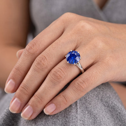 Natural Real ( Not Lab Grown )  Solitaire Round Shaped Blue Sapphire Ring Prong Set