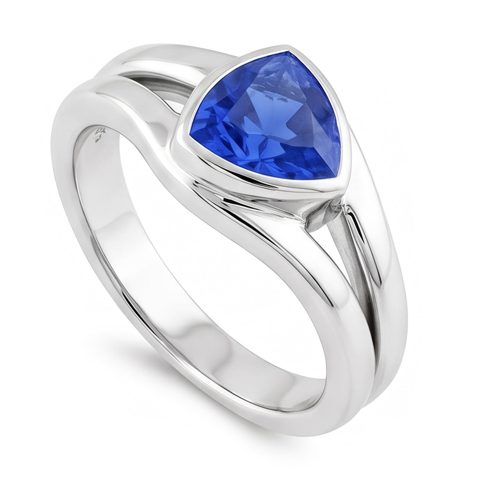Natural Real ( Not Lab Grown )  Solitaire Wedding Ring Set Trillion Sapphire 1.50 Carats Bezel Set