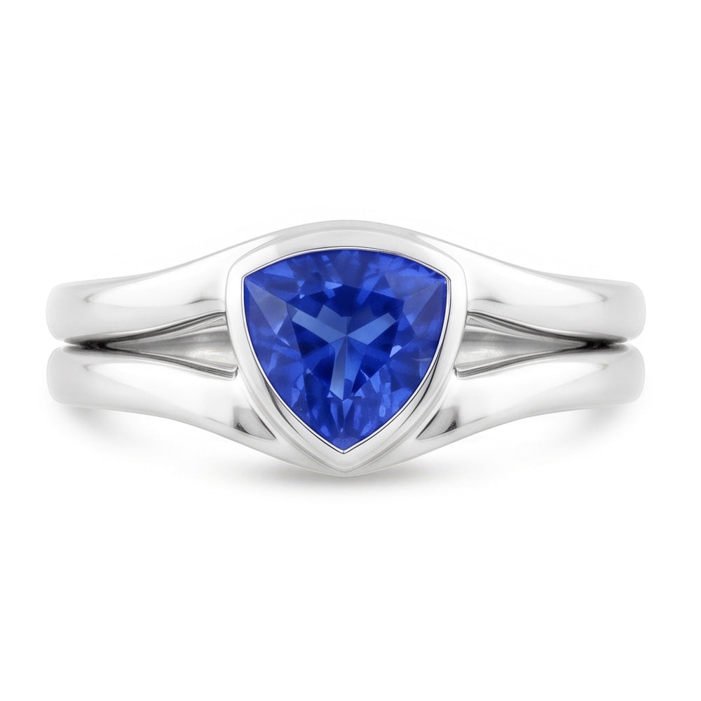 Natural Real ( Not Lab Grown )  Solitaire Wedding Ring Set Trillion Sapphire 1.50 Carats Bezel Set