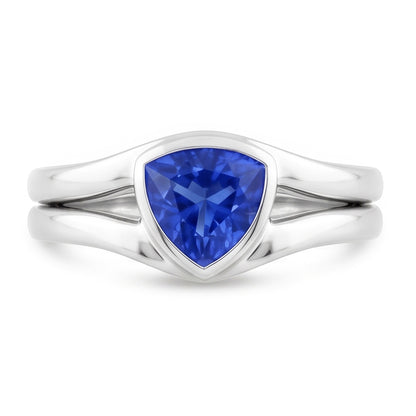 Natural Real ( Not Lab Grown )  Solitaire Wedding Ring Set Trillion Sapphire 1.50 Carats Bezel Set