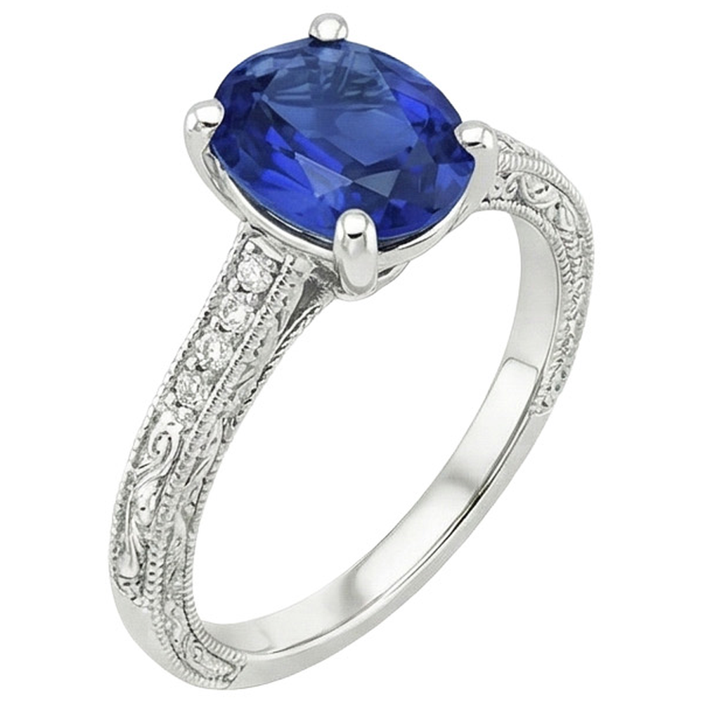 Natural Real ( Not Lab Grown )  Solitaire With Accents Blue Sapphire Ring Milgrain Shank 3 Carats
