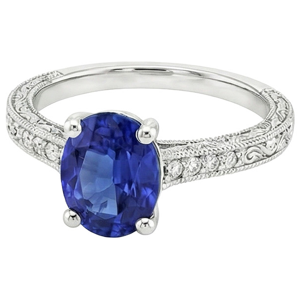 Natural Real ( Not Lab Grown )  Solitaire With Accents Blue Sapphire Ring Milgrain Shank 3 Carats